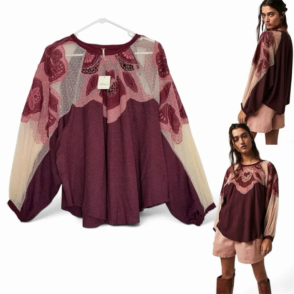 Free People Toni Tunic Top MEDIUM Mulberry Burgundy Embroidered Lace Waffle Boho